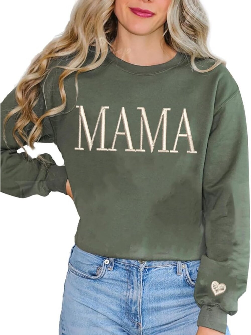 Mama Heart Embroidered Crewneck Sweatshirt | Long Sleeve Fashion Pullover S-4XL